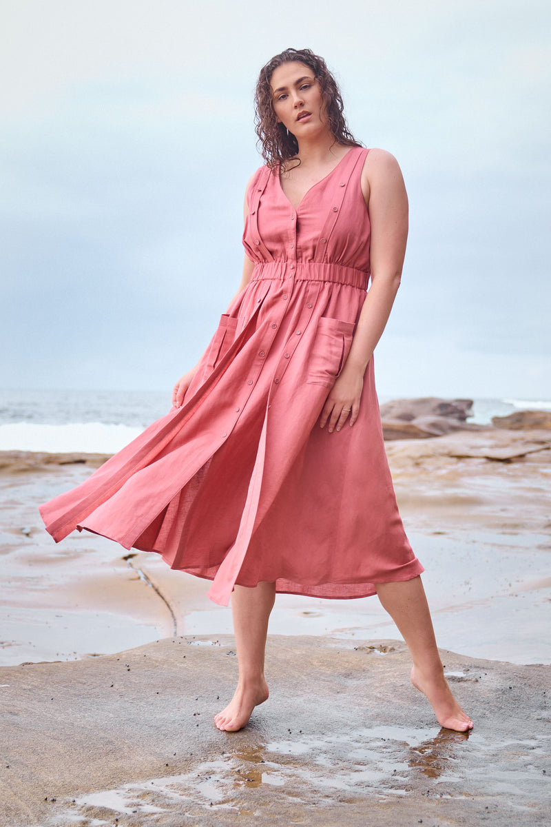 linen midi dress australia Christopher Linen V-Neck Midi Dress | Women's Dresses Australia